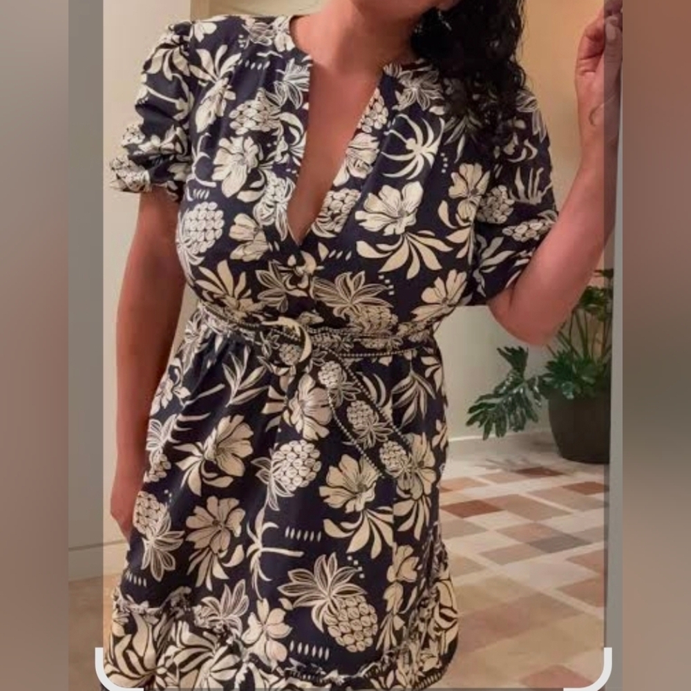 Joie Navy, Cream Floral And Tropical Print Mini Dress – Size 16